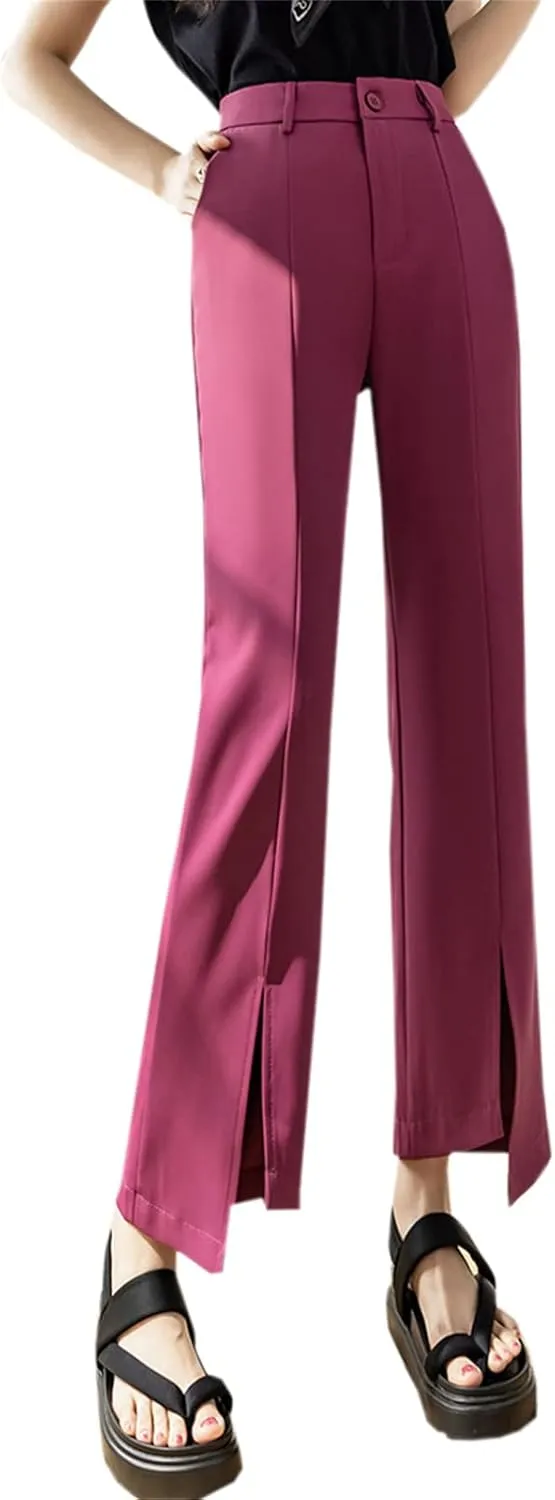 Betusline Women's Split Front High Waist Asymmetrical Hem Cropped Bootcut Pants