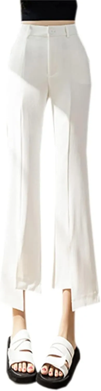 Betusline Women's Split Front High Waist Asymmetrical Hem Cropped Bootcut Pants