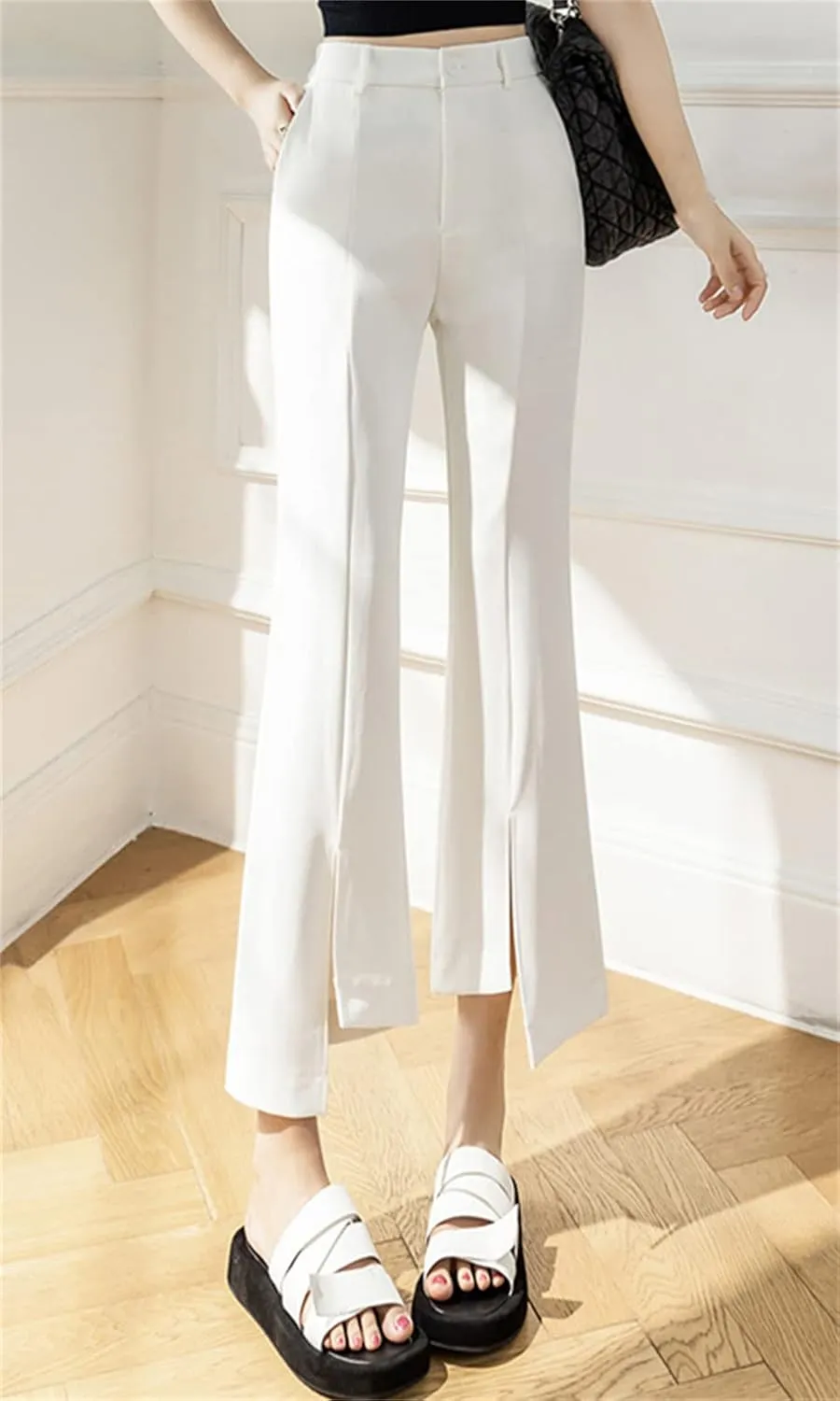 Betusline Women's Split Front High Waist Asymmetrical Hem Cropped Bootcut Pants