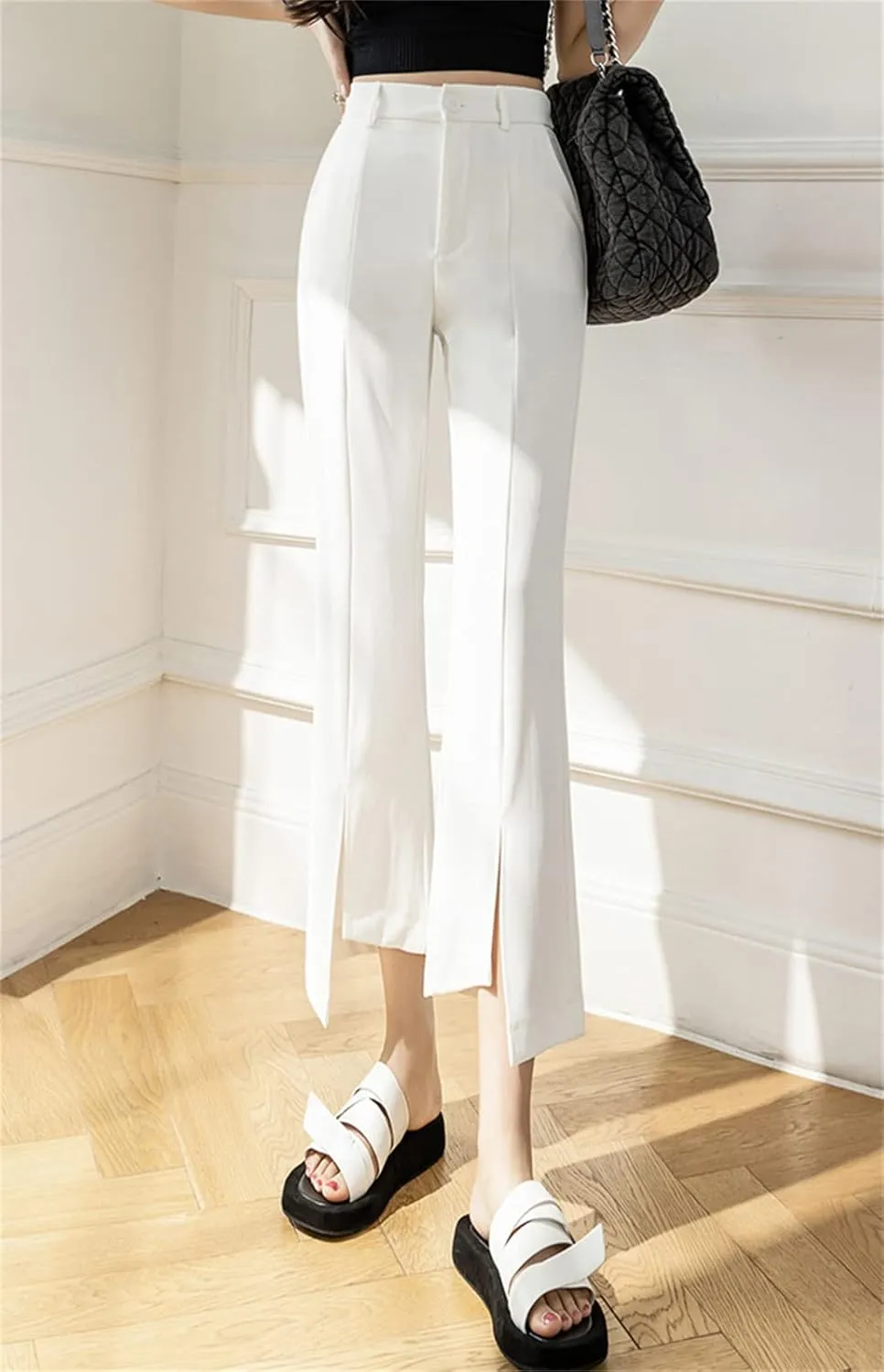 Betusline Women's Split Front High Waist Asymmetrical Hem Cropped Bootcut Pants