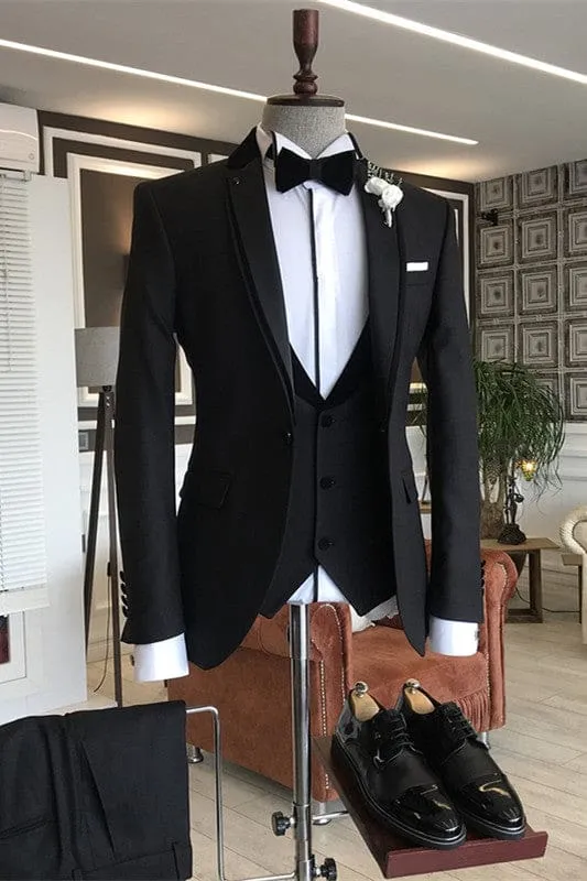Black Notched Lapel Three Pieces Formal Business Suits Slim Fit Wedding Suits
