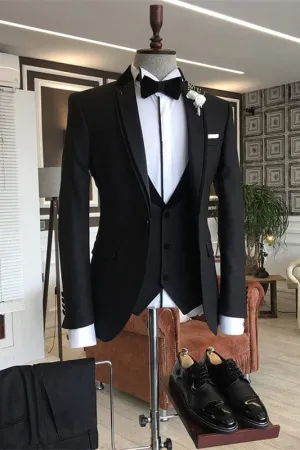 Black Notched Lapel Three Pieces Formal Business Suits Slim Fit Wedding Suits
