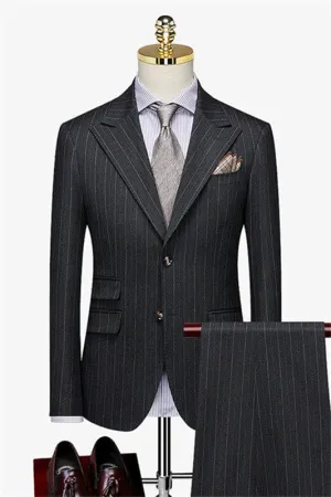 Black Striped Double Breasted Business Suits with Peaked Lapel