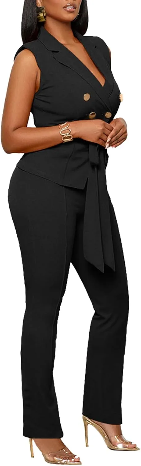 Blazer Pants Suits for Women Dressy Sleeveless Vest with Belt Wide Leg Pants 2 Piece Outfits Business Set Casual Suiting