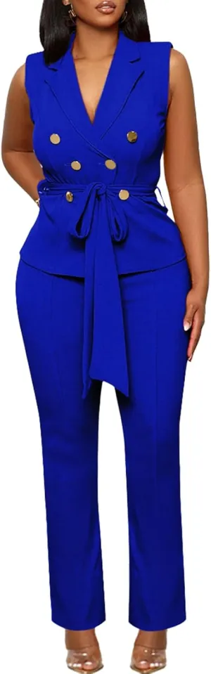 Blazer Pants Suits for Women Dressy Sleeveless Vest with Belt Wide Leg Pants 2 Piece Outfits Business Set Casual Suiting