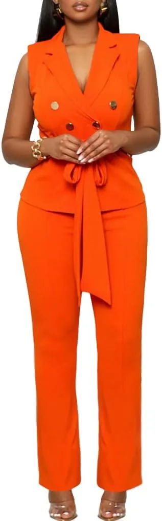Blazer Pants Suits for Women Dressy Sleeveless Vest with Belt Wide Leg Pants 2 Piece Outfits Business Set Casual Suiting