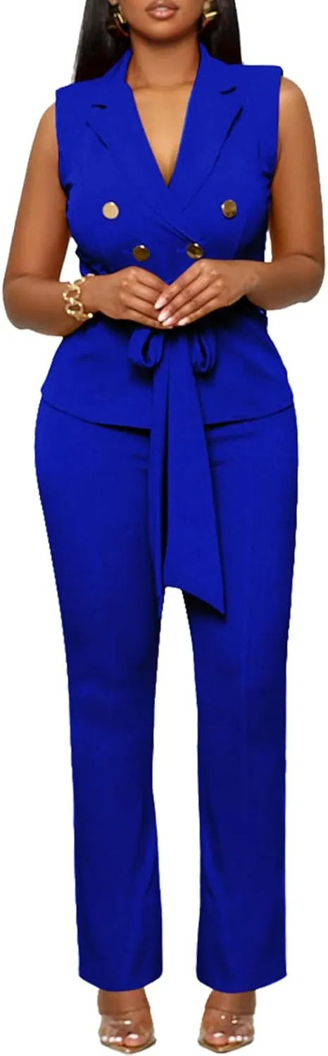 Blazer Pants Suits for Women Dressy Sleeveless Vest with Belt Wide Leg Pants 2 Piece Outfits Business Set Casual Suiting