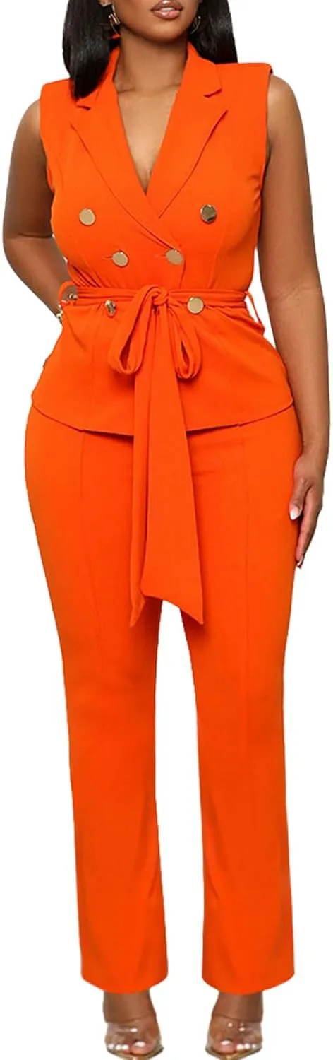 Blazer Pants Suits for Women Dressy Sleeveless Vest with Belt Wide Leg Pants 2 Piece Outfits Business Set Casual Suiting