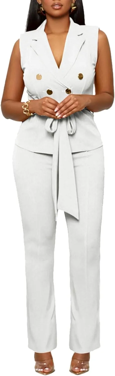 Blazer Pants Suits for Women Dressy Sleeveless Vest with Belt Wide Leg Pants 2 Piece Outfits Business Set Casual Suiting