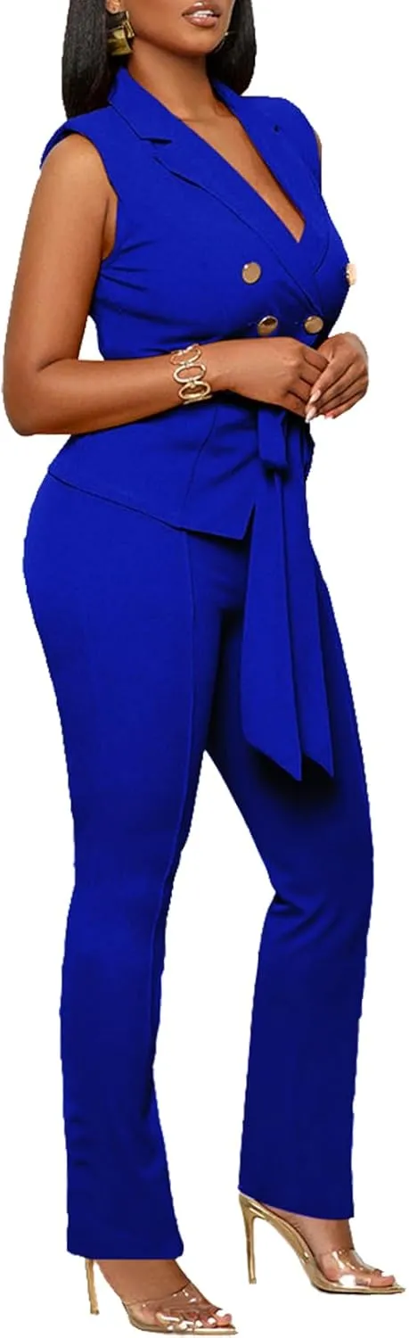 Blazer Pants Suits for Women Dressy Sleeveless Vest with Belt Wide Leg Pants 2 Piece Outfits Business Set Casual Suiting