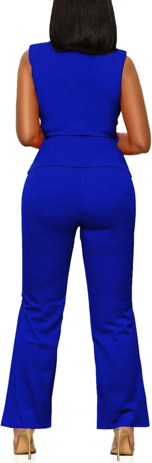 Blazer Pants Suits for Women Dressy Sleeveless Vest with Belt Wide Leg Pants 2 Piece Outfits Business Set Casual Suiting