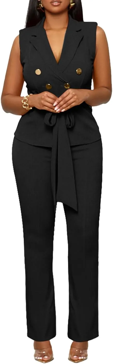 Blazer Pants Suits for Women Dressy Sleeveless Vest with Belt Wide Leg Pants 2 Piece Outfits Business Set Casual Suiting