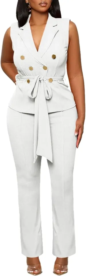 Blazer Pants Suits for Women Dressy Sleeveless Vest with Belt Wide Leg Pants 2 Piece Outfits Business Set Casual Suiting