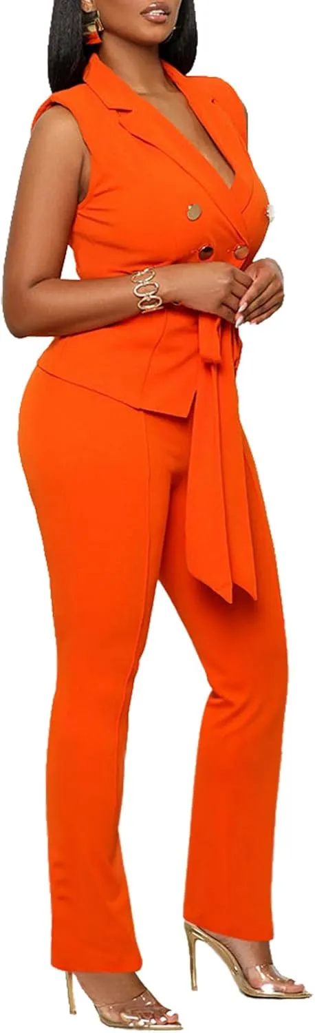 Blazer Pants Suits for Women Dressy Sleeveless Vest with Belt Wide Leg Pants 2 Piece Outfits Business Set Casual Suiting