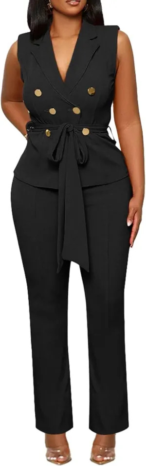 Blazer Pants Suits for Women Dressy Sleeveless Vest with Belt Wide Leg Pants 2 Piece Outfits Business Set Casual Suiting
