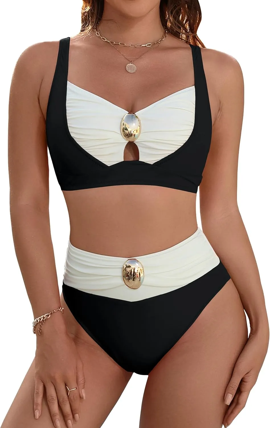 Blooming Jelly Womens High Waisted Bikini Sets Tummy Control Swimsuits Color Block Two Piece Bathing Suit Retro Swimwear
