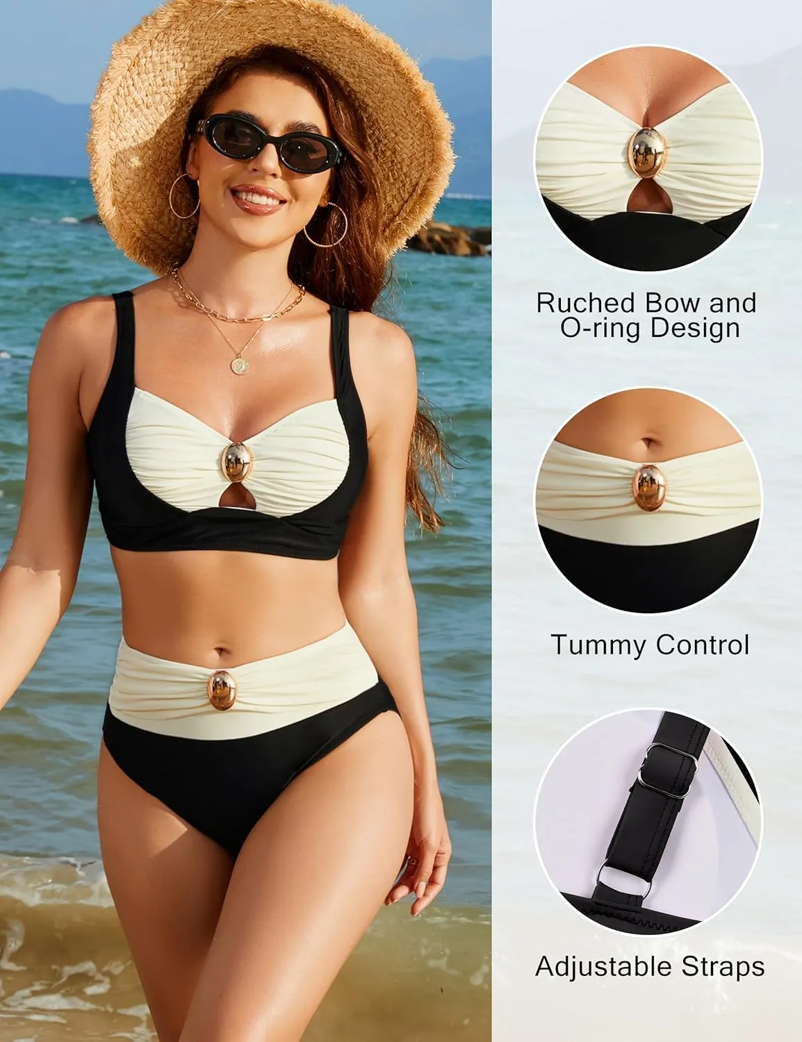 Blooming Jelly Womens High Waisted Bikini Sets Tummy Control Swimsuits Color Block Two Piece Bathing Suit Retro Swimwear