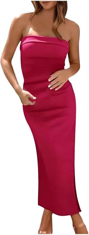 Bodycon Dresses for Women Sexy Strapless Tube Top Dress Side Split HOCO Maxi Dresses 2024 Summer Wedding Guest Dress