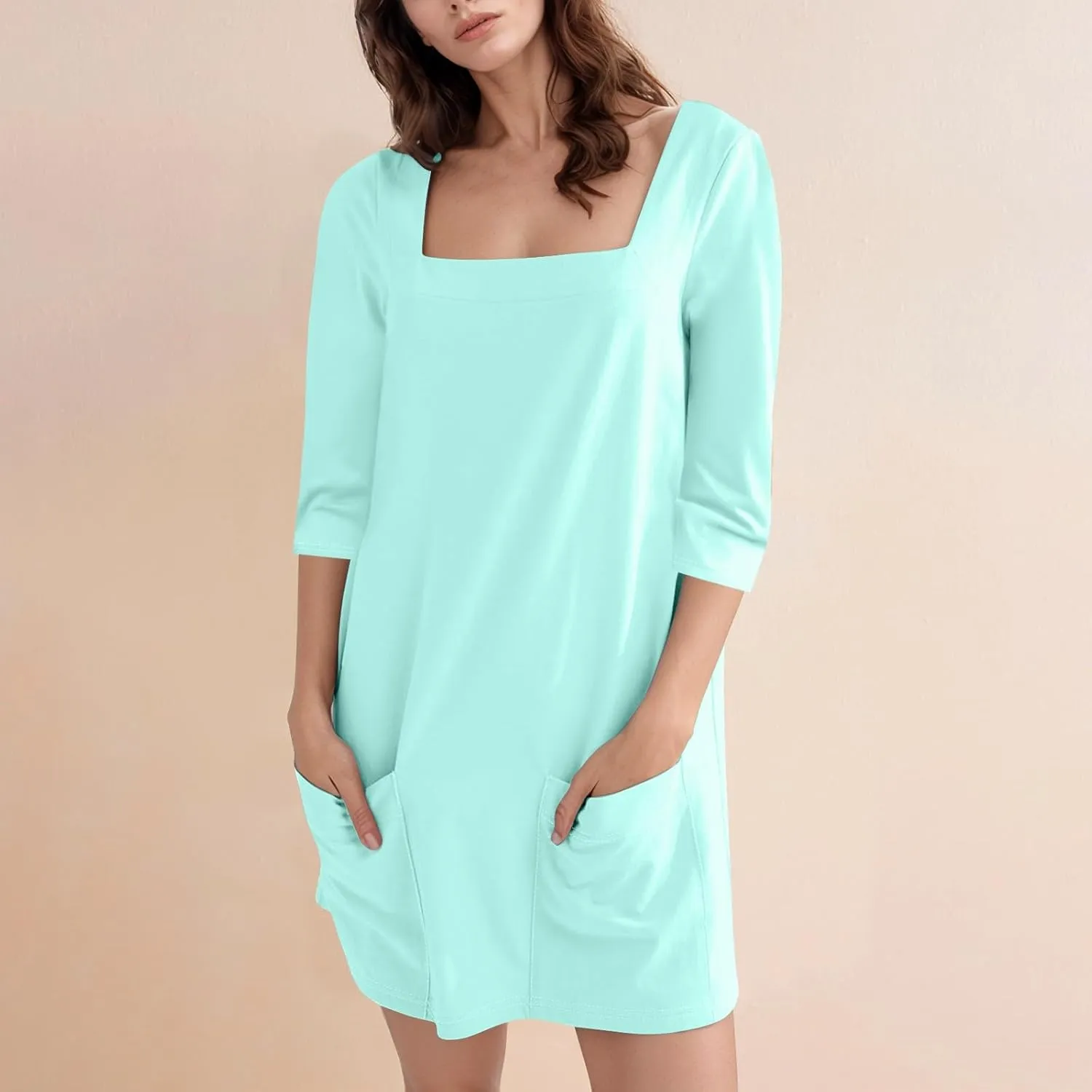Boho Dresses for Women 2025 Fashion 3/4 Sleeve Hawaiian Dress Beach Vacation Clothes Summer Square Neck Midi Sundress