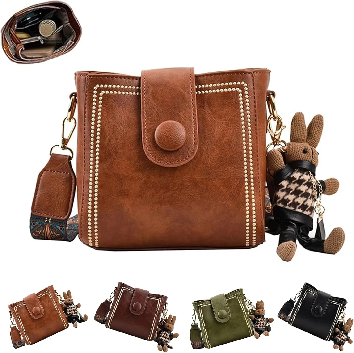 Bootara Bucket Bag, Bootara Women's Vintage Bunny Charm Bucket Bag with Adjustable Wide Shoulder Strap, Spacious Travel Tote