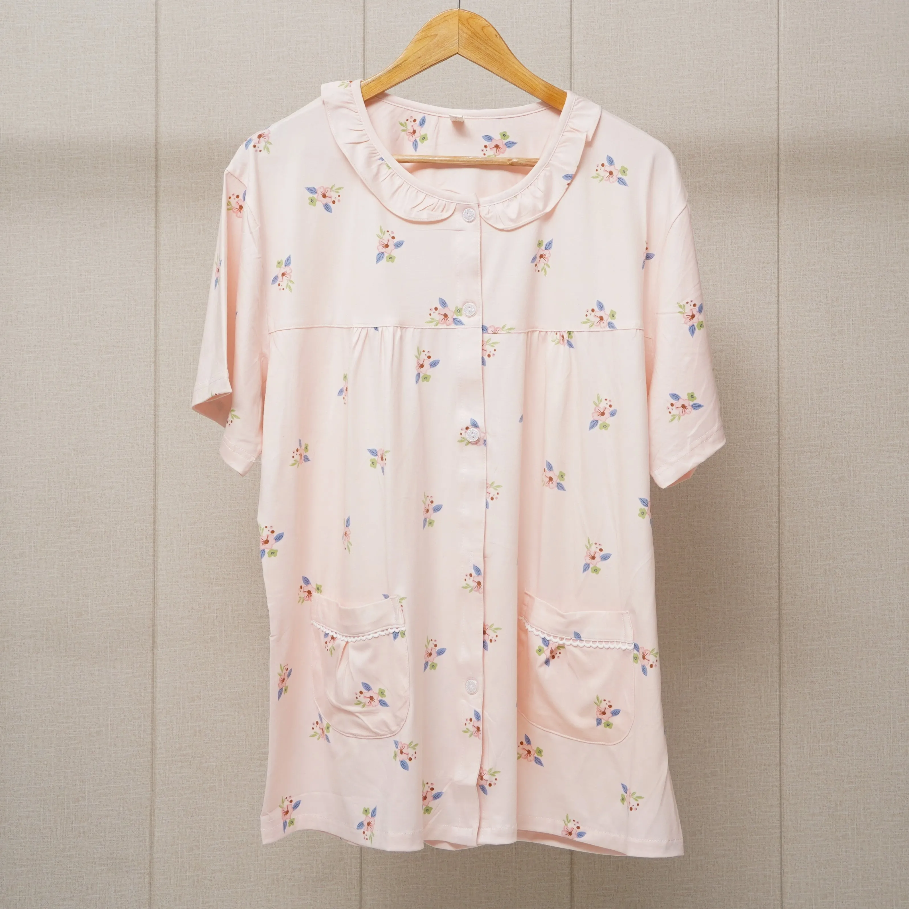 Border lace pockes flower print pajama set(WF-007)