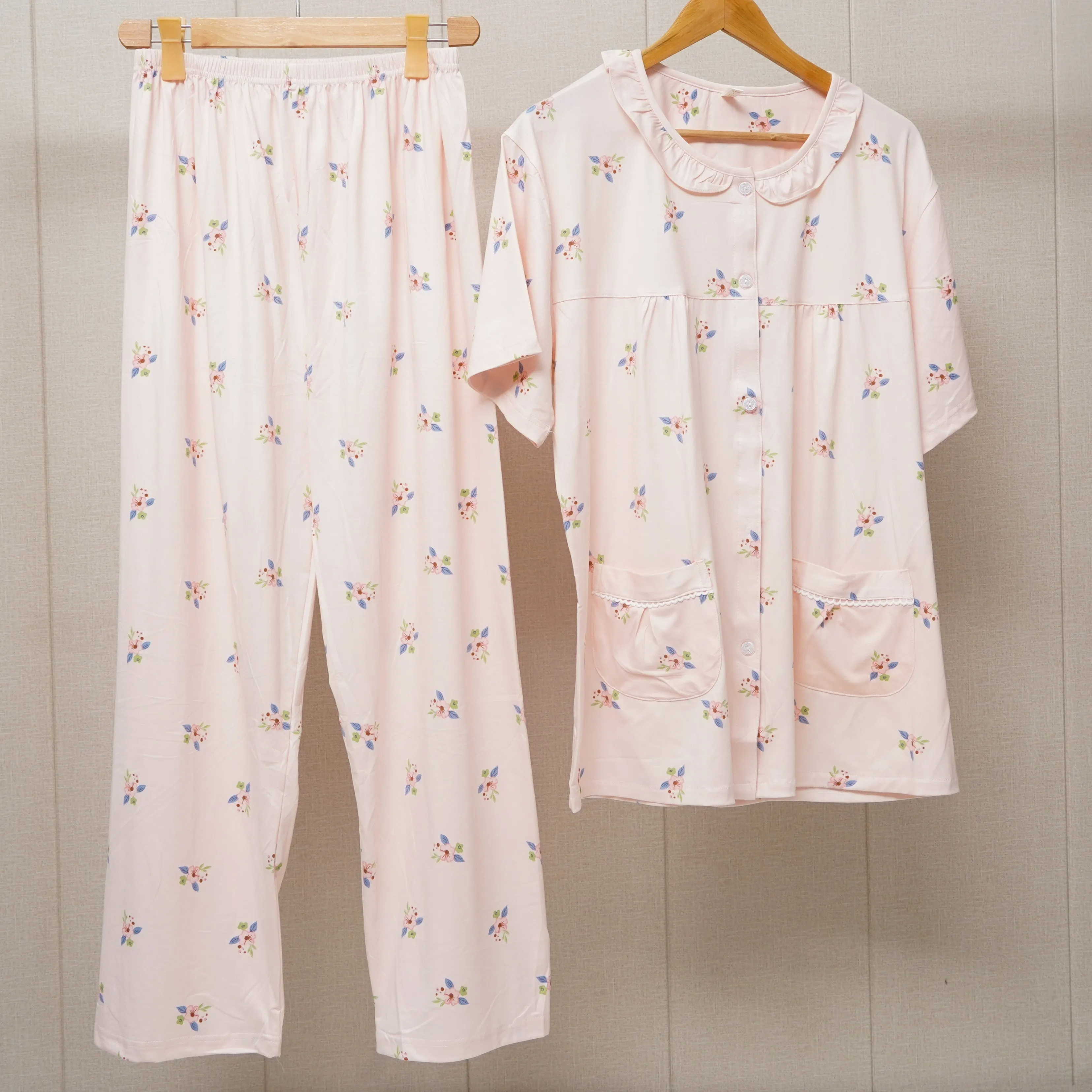 Border lace pockes flower print pajama set(WF-007)