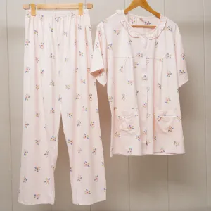 Border lace pockes flower print pajama set(WF-007)