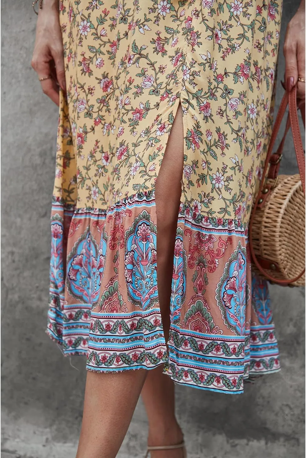 BROVAVE Women Summer Bohemian Floral Print V Neck Sleeveless Sundress Flowy Casual Midi Dress