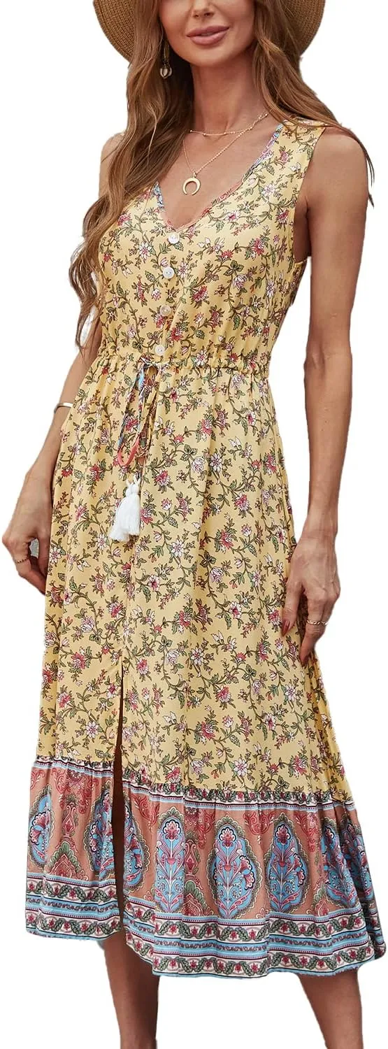 BROVAVE Women Summer Bohemian Floral Print V Neck Sleeveless Sundress Flowy Casual Midi Dress