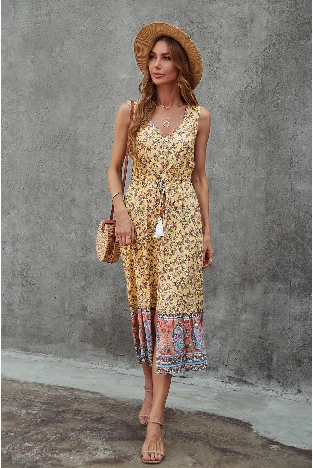 BROVAVE Women Summer Bohemian Floral Print V Neck Sleeveless Sundress Flowy Casual Midi Dress