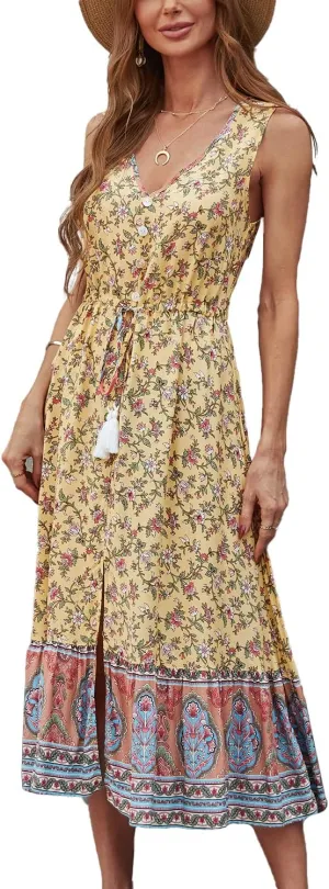 BROVAVE Women Summer Bohemian Floral Print V Neck Sleeveless Sundress Flowy Casual Midi Dress
