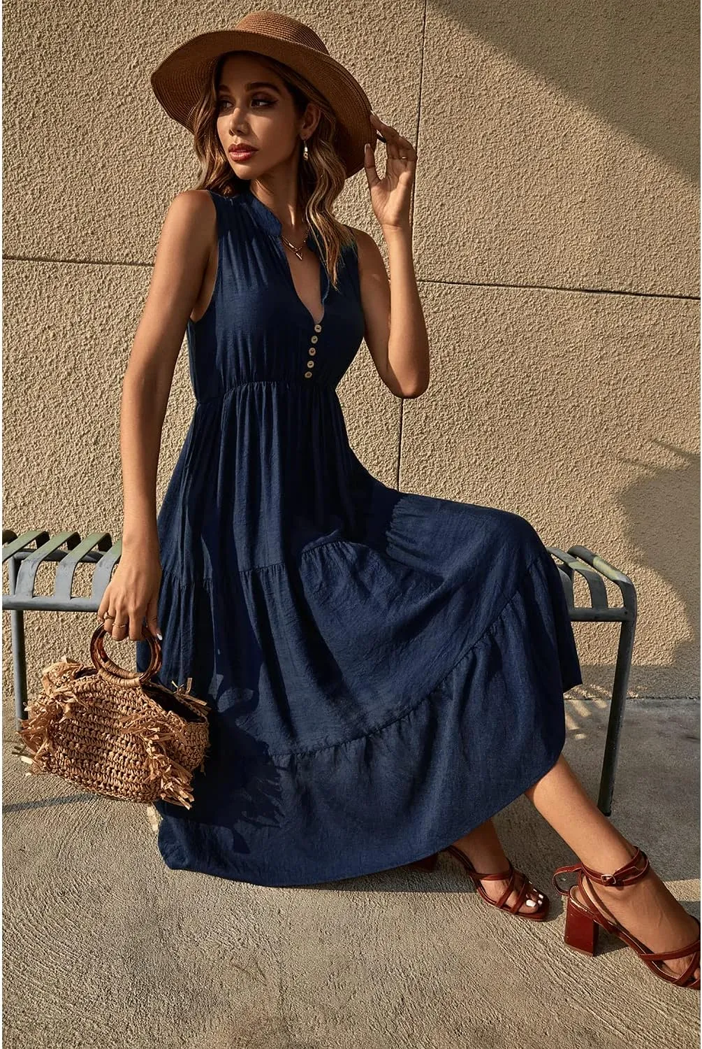 BROVAVE Womens 2025 Summer Sleeveless Shirt Dress Collar Striped V Neck Casual Midi Dresses