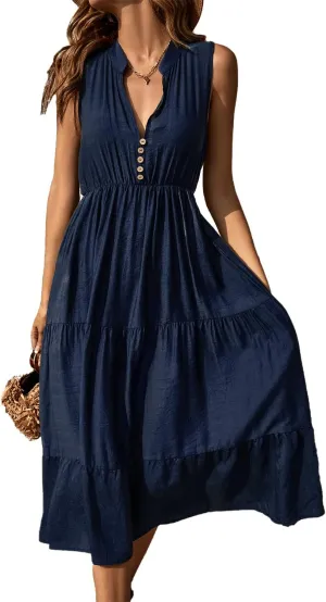 BROVAVE Womens 2025 Summer Sleeveless Shirt Dress Collar Striped V Neck Casual Midi Dresses