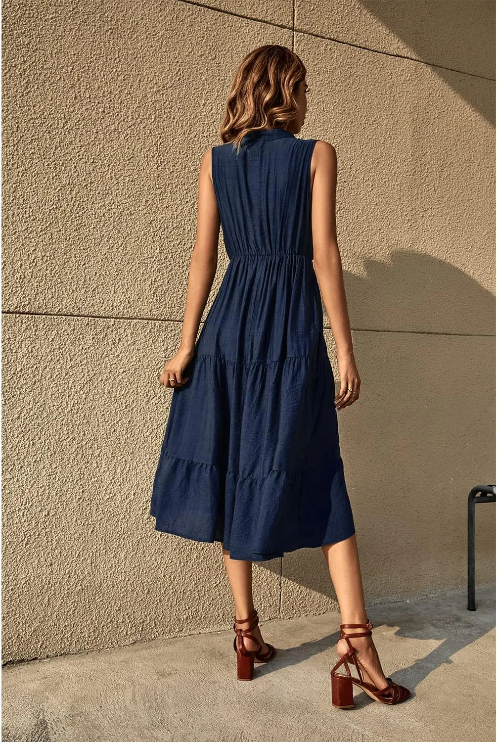 BROVAVE Womens 2025 Summer Sleeveless Shirt Dress Collar Striped V Neck Casual Midi Dresses