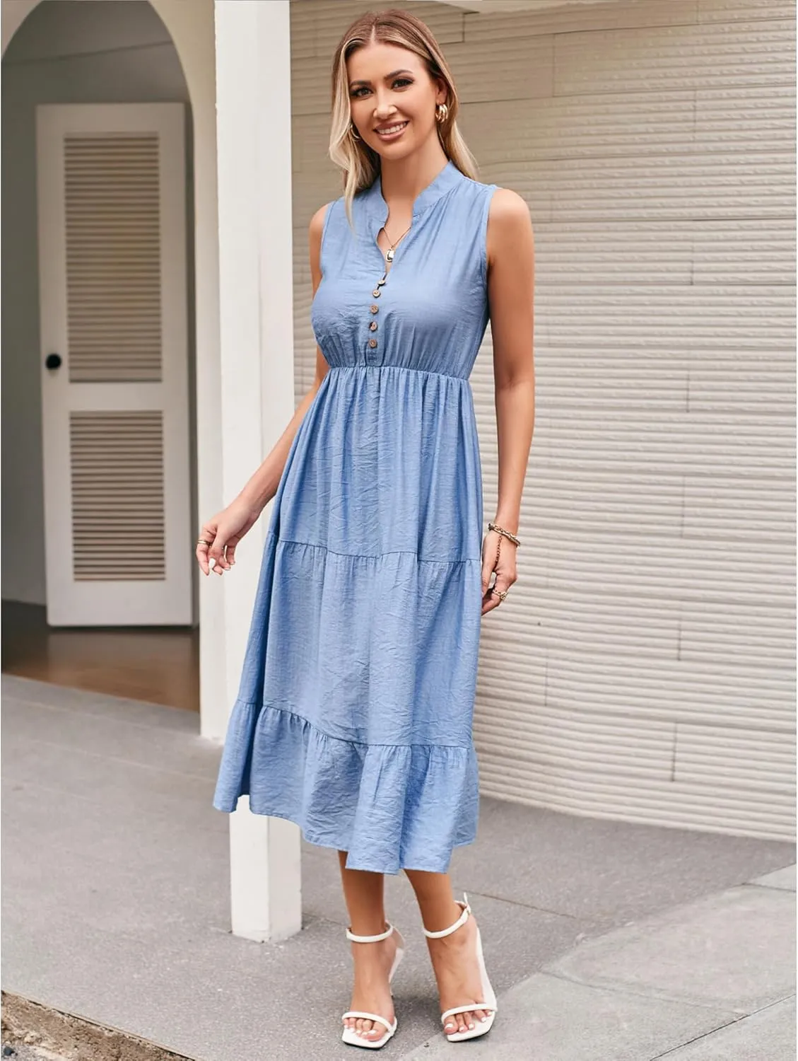 BROVAVE Womens 2025 Summer Sleeveless Shirt Dress Collar Striped V Neck Casual Midi Dresses