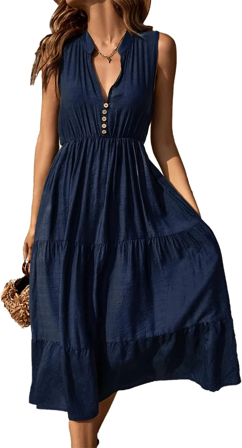 BROVAVE Womens 2025 Summer Sleeveless Shirt Dress Collar Striped V Neck Casual Midi Dresses