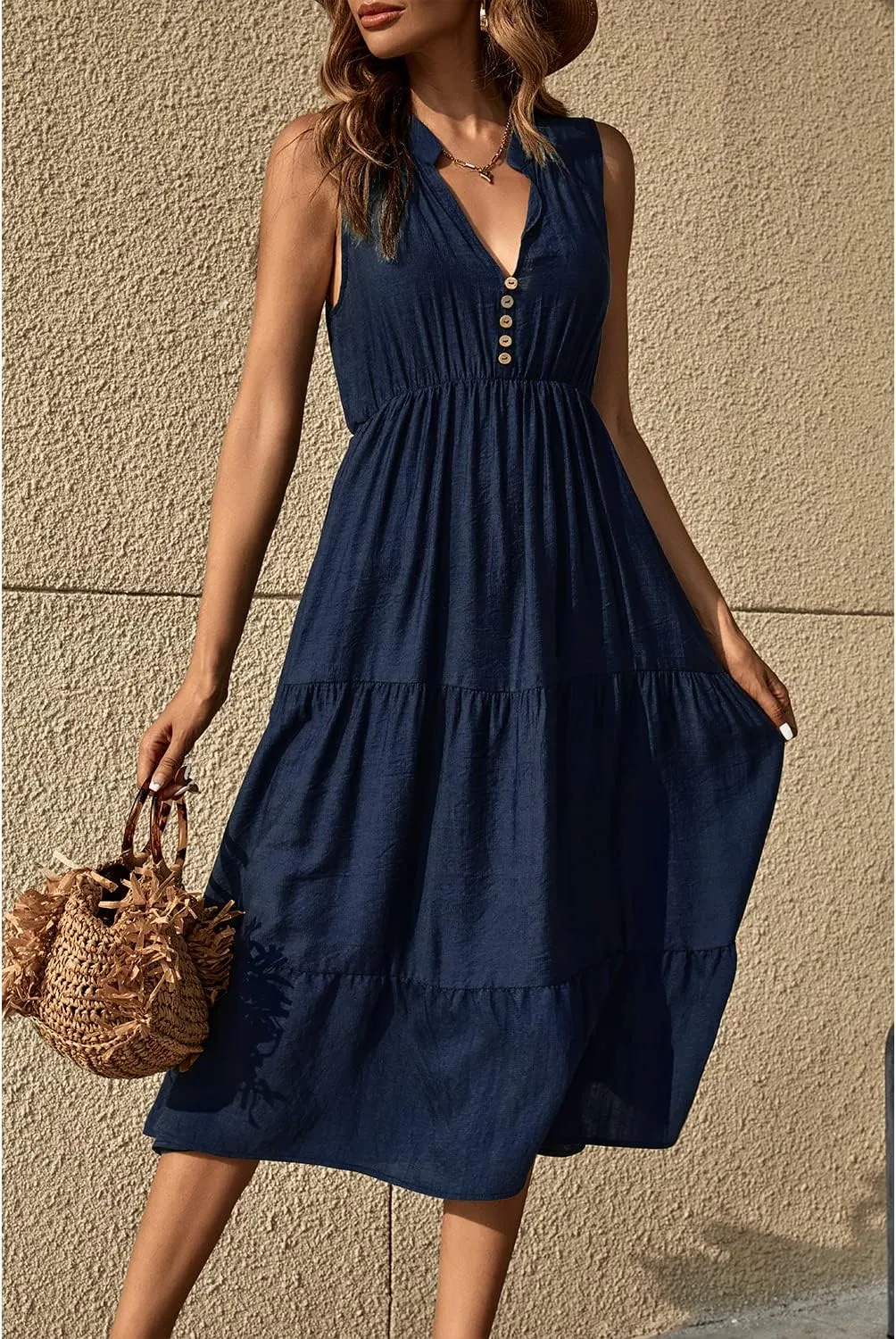 BROVAVE Womens 2025 Summer Sleeveless Shirt Dress Collar Striped V Neck Casual Midi Dresses