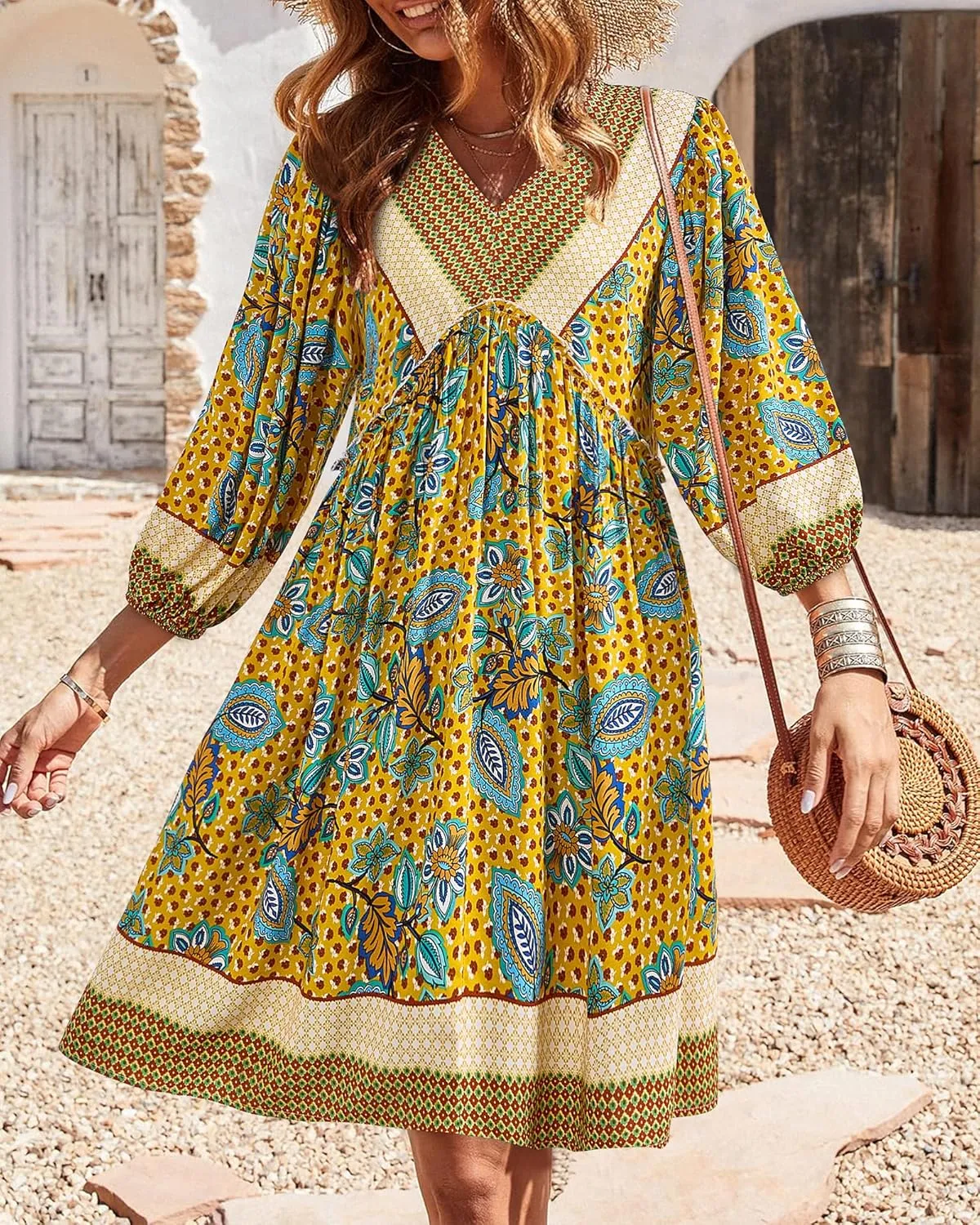 BTFBM Women Casual Spring Summer Dresses V Neck 3/4 Long Sleeve Ruffle Floral Flowy Boho Babydoll Mini Short Beach Dress