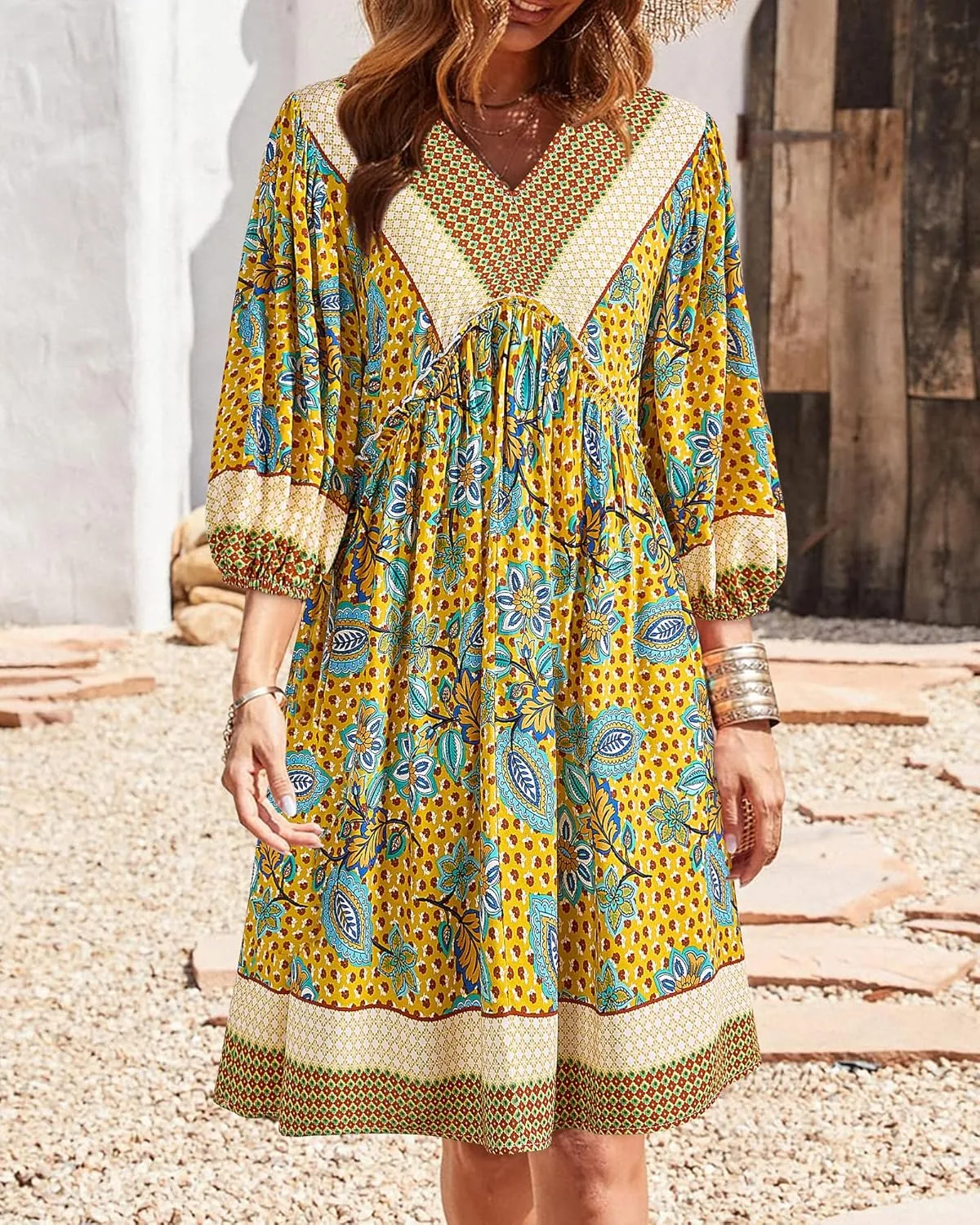 BTFBM Women Casual Spring Summer Dresses V Neck 3/4 Long Sleeve Ruffle Floral Flowy Boho Babydoll Mini Short Beach Dress