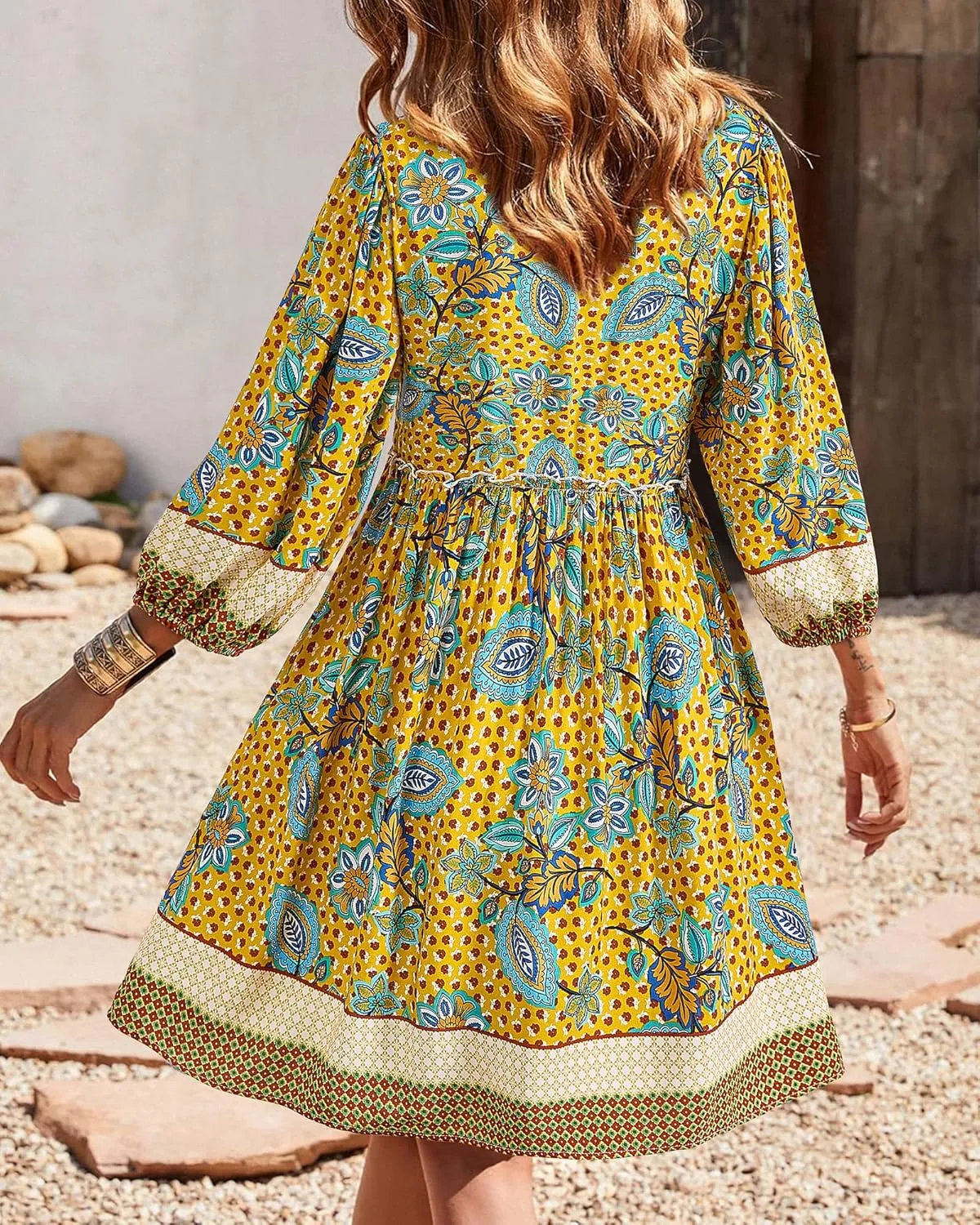 BTFBM Women Casual Spring Summer Dresses V Neck 3/4 Long Sleeve Ruffle Floral Flowy Boho Babydoll Mini Short Beach Dress