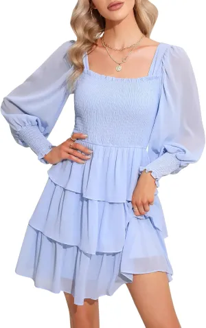 Byinns Women's 2024 Square Neck Ruffle Dress Long Sleeve Floral Print Tiered Tie Back Layered Swing Mini Dress