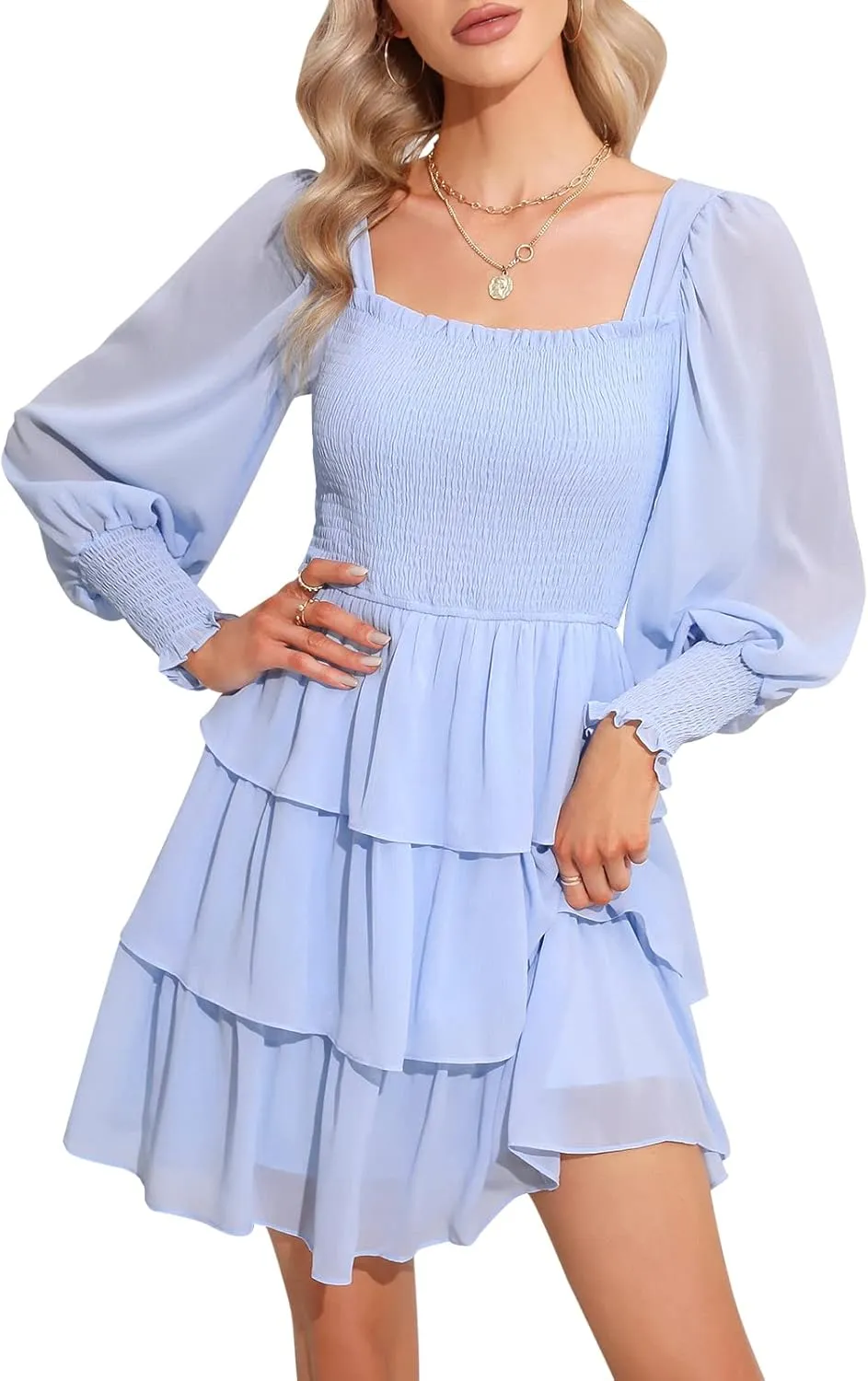 Byinns Women's 2024 Square Neck Ruffle Dress Long Sleeve Floral Print Tiered Tie Back Layered Swing Mini Dress
