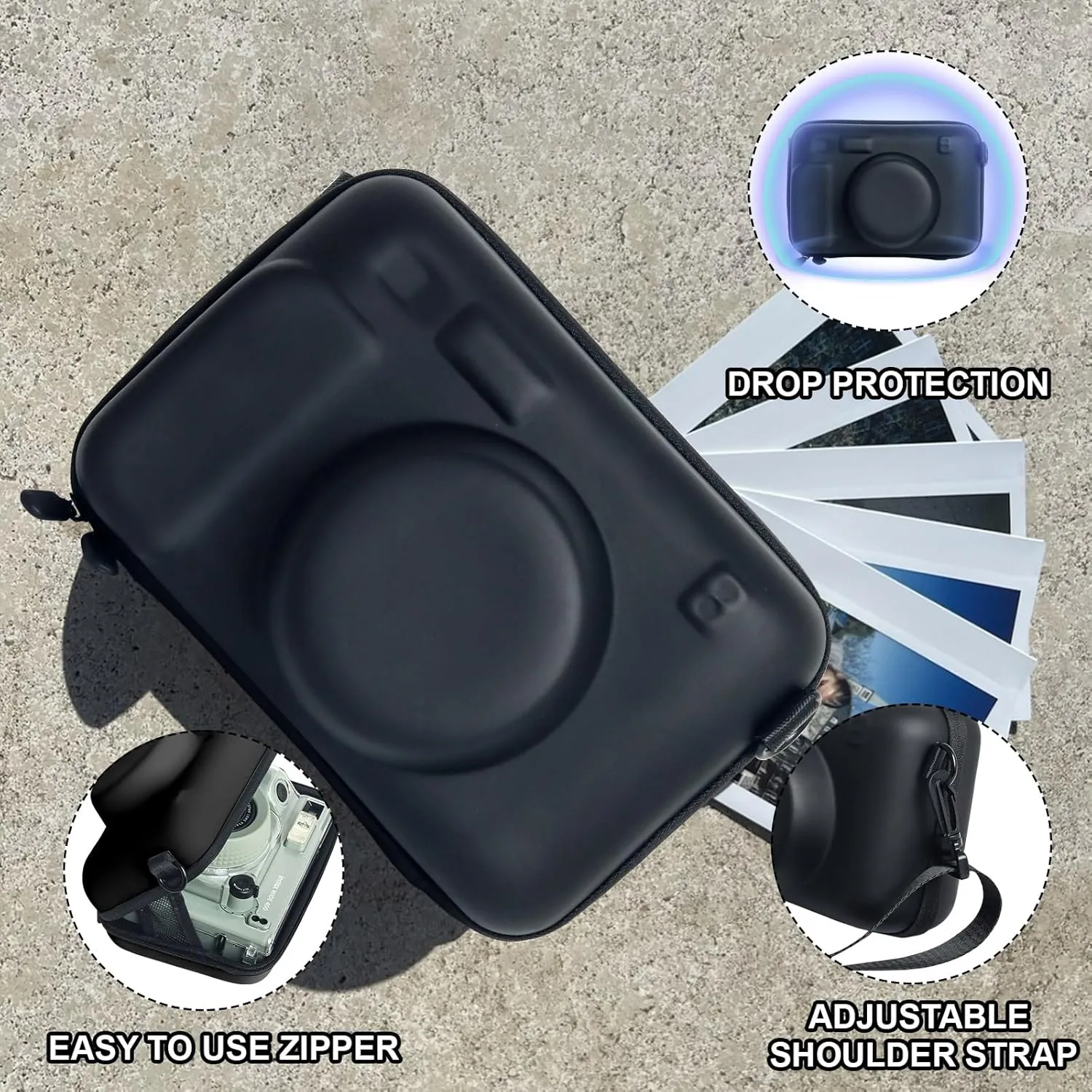 CAIYOULE Camera Case for Fujifilm Instax Wide 400/300/210 Instant Film Camera, Protective Hard EVA Shell Camera Crossbody Bag with Adjustable Shoulder Strap, Black (No Camera)