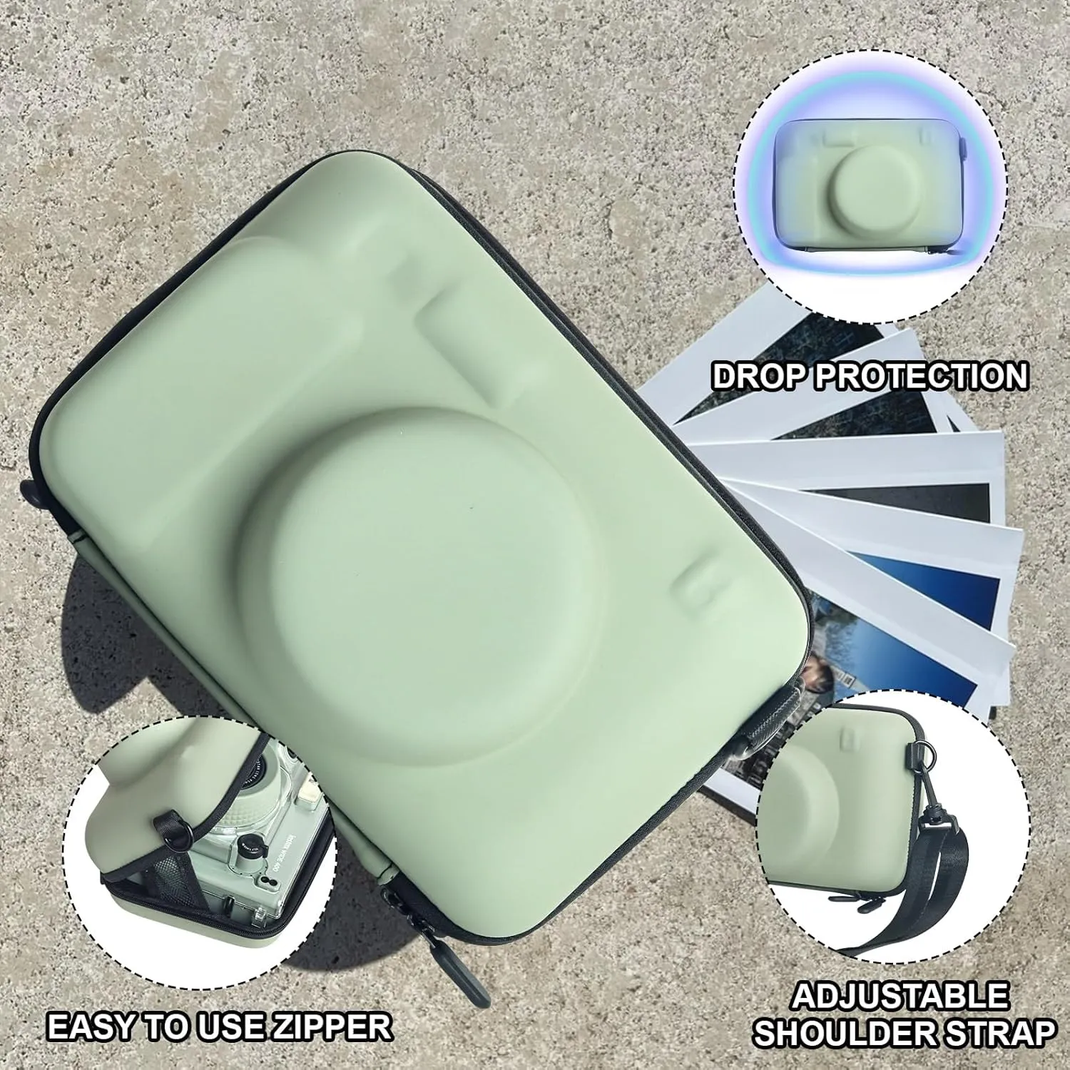 CAIYOULE Camera Case for Fujifilm Instax Wide 400/300/210 Instant Film Camera, Protective Hard EVA Shell Camera Crossbody Bag with Adjustable Shoulder Strap, Green (No Camera)