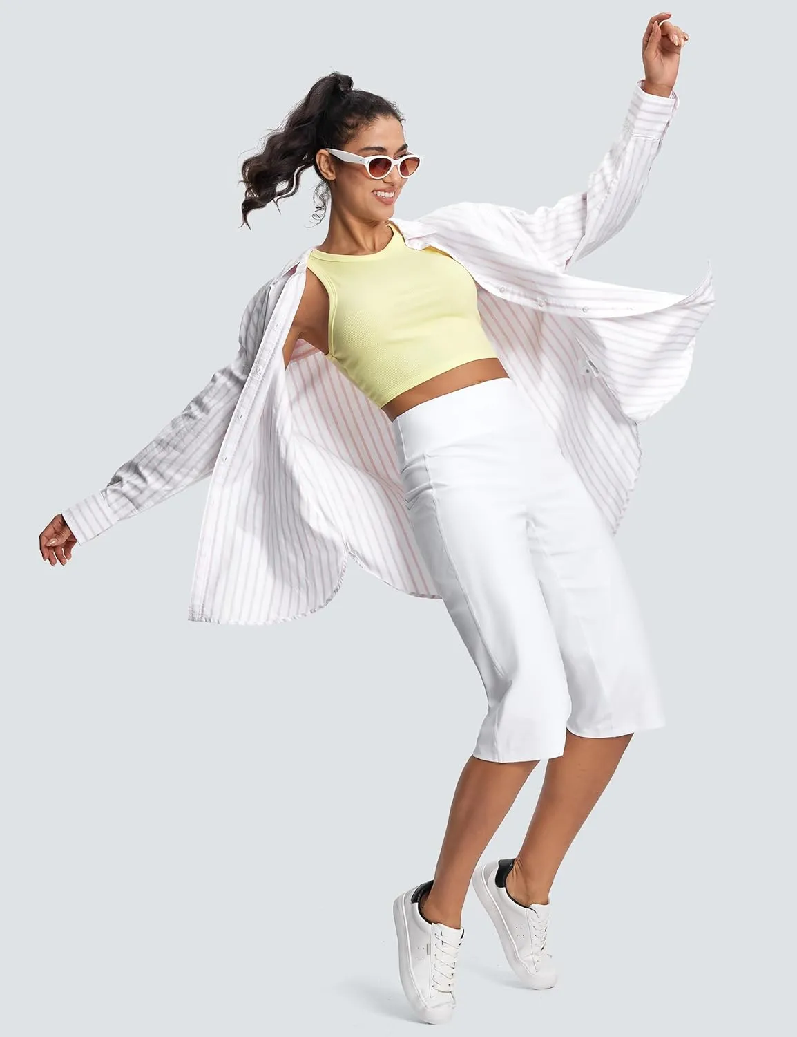 Capri Pants for Women High Waist with Pockets Tummy Control Capri Workout Yoga Pants Loose Straight Leg