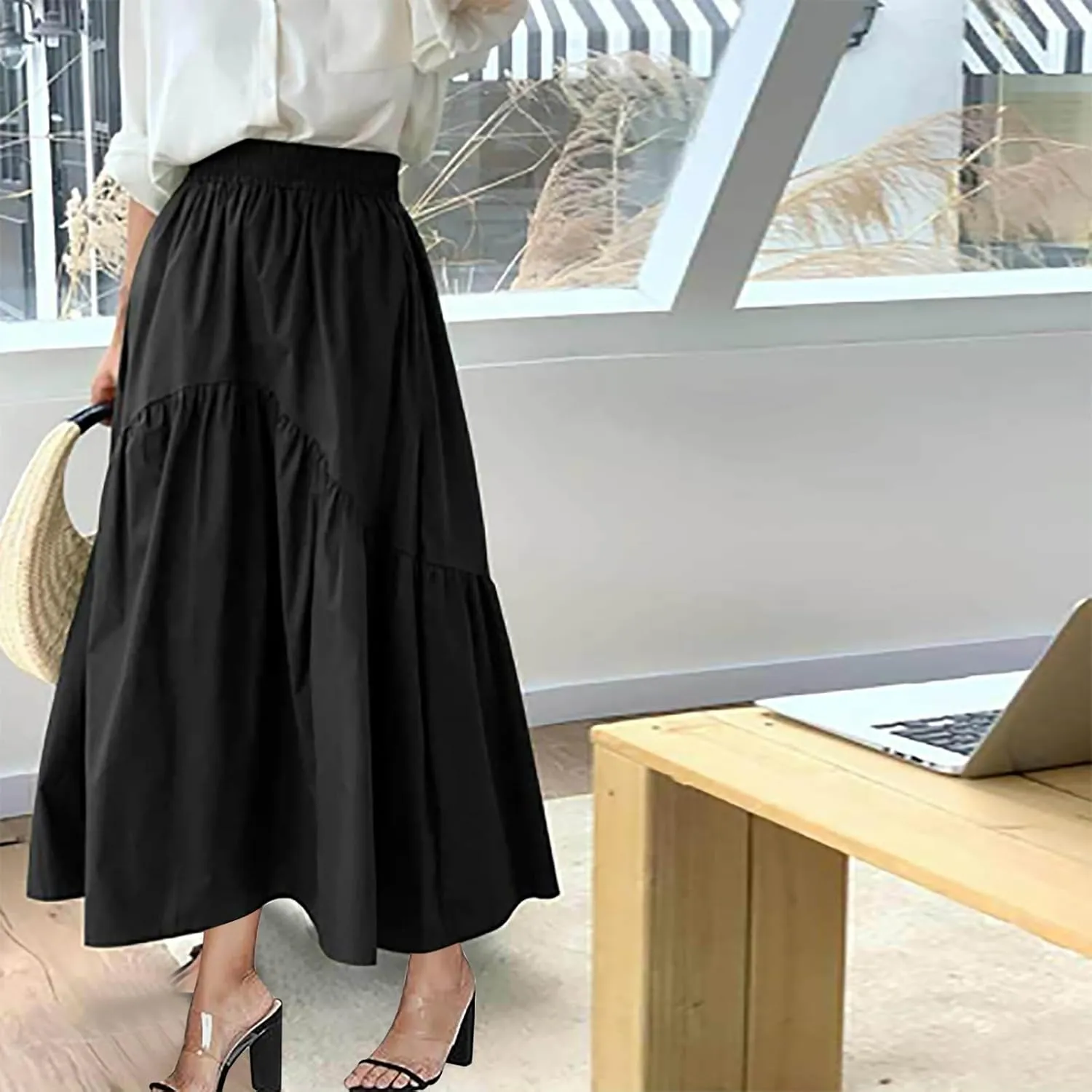 Casual Skirts for Women Pleated Midi Skirts High Waist Commuting Skirts All-Match Comfy Skirt Fall Loose Skirt