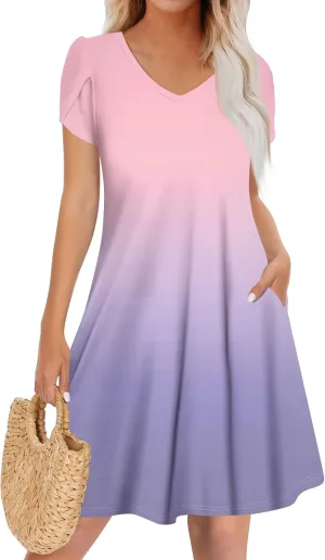 Casual Solid Color V Neck Ruffle Short Sleeve Dress Sundresses Plus Size Beach Vacation Clothes for Women Fashion