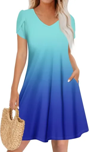 Casual Solid Color V Neck Ruffle Short Sleeve Dress Sundresses Plus Size Beach Vacation Clothes for Women Fashion
