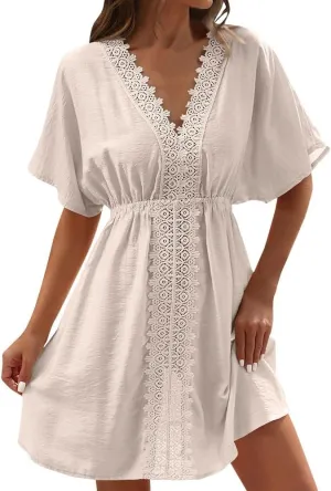 Casual Spring Mini Dress for Women Lace Plunging Patchwork V Neck Long Sleeve Ruffled A Line Beach Tunic Dress