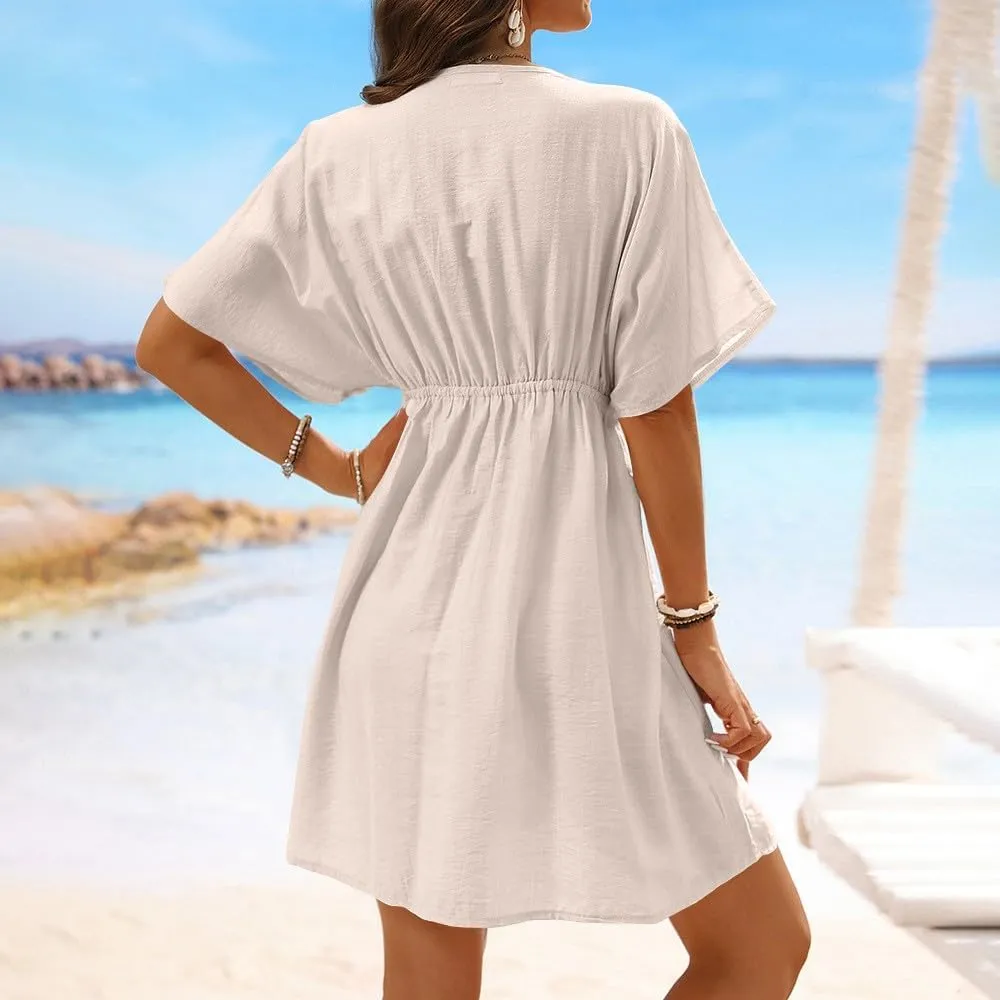 Casual Spring Mini Dress for Women Lace Plunging Patchwork V Neck Long Sleeve Ruffled A Line Beach Tunic Dress
